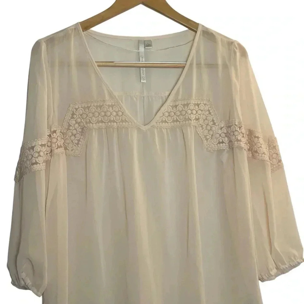 LC Lauren Conrad Sheer Beige Lace 3/4 Sleeve Blouse V Neck Large Cottagecore‎
